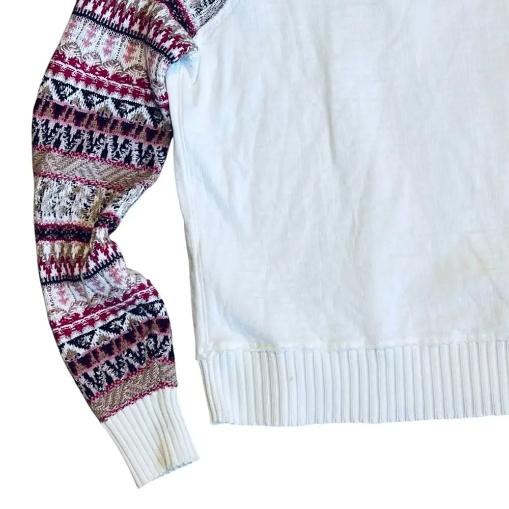Sundance Women’s Sz S White Quarter Zip Sweater Fair Isle Sleeve Knit Cotton